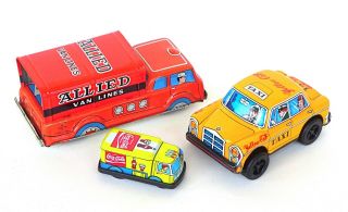 3 Tin Friction Vintage Toy Vehicles.  Old And Un - Played With.