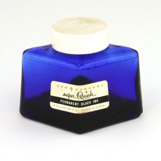 Vtg Parker Quink Black Fountain Pen Ink Bottle 2 Oz Blue Glass