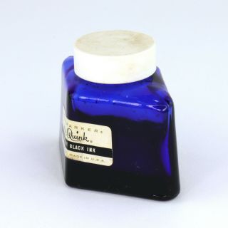 Vtg Parker Quink Black Fountain Pen Ink Bottle 2 oz Blue Glass 2