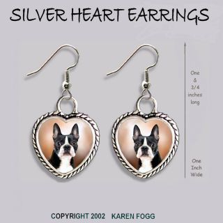 Boston Terrier Dog - Heart Earrings Ornate Tibetan Silver