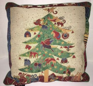 Laurel Burch Cat Christmas Tree Tapestry Cushion Pillow Large 18” Square Green