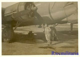 Org.  Photo: Us Airman Posed On Airfield By Parked B - 17 Bomber