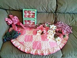 Pink Christmas Tree Decor,  Complete W Skirt,  Lights,  Decorations,  Bow,  Garland