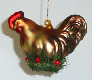 Christmas Tree Ornament Hen On Nest Glass Chicken Red And Gold With Glitter