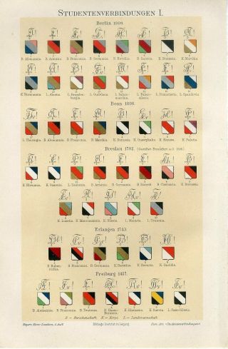 1895 Student Heraldry Coat Of Arms Germany Berlin Poland Wroclaw Lithographprint