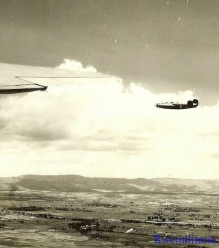 Org.  Photo: Aerial View B - 24 Bombers On Mission Flying Low Over Countryside