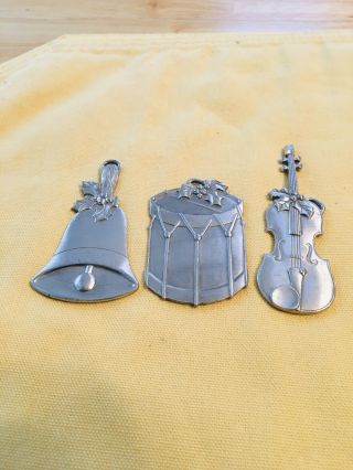 3 Longaberger Pewter Christmas Ornaments Musical Instruments Violin Drum Bell