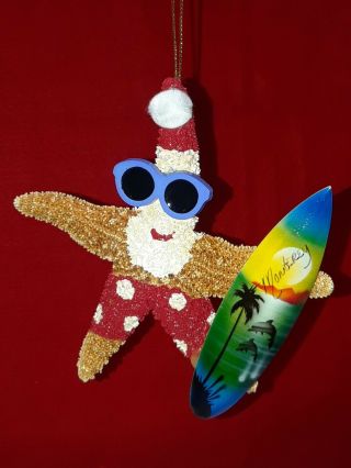 Star Fish Christmas Ornament Painted Santa With Surf Board Beach Decor Monterey