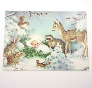 Vintage Christmas Card Baby Jesus Animals Deer Squirrel Raccoon Rabbit