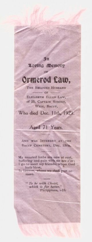 1921 Ormerod Law ‘in Memoriam’ Silk Bookmark,  Bacup,  Funeral,  Cemetery