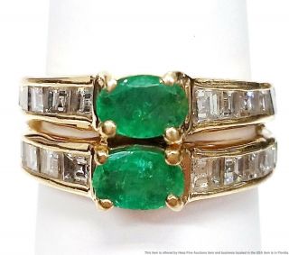 Vintage 14k Yellow Gold Natural Emerald Fine Diamond Double Band Ring Size 5