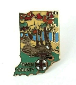 American Red Cross Pin Indiana State Map Owen Co Chapter Deer Forest Lapel Pin