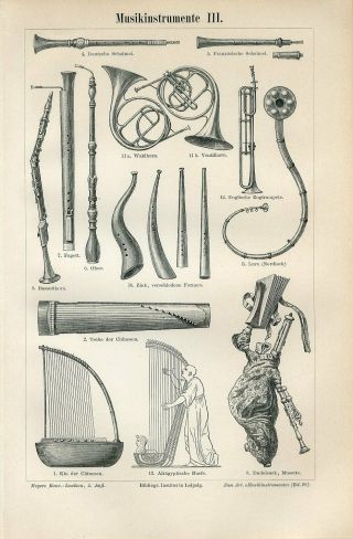 1894 Old Musical Instruments Antique Engraving Print