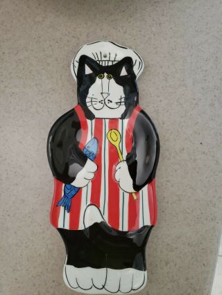 Catzilla By Candace Reiter Chef Black/white Cat With Fish Apron Spoon Rest.  Euc