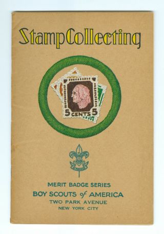 Stamp Collecting Tan Merit Badge Book Copyright 1931,  Printed September,  1933
