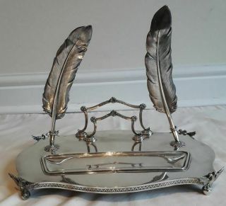 Spanish Silver Desk Set / Letter Rack - Silver Feather Plumes Pedro Duran