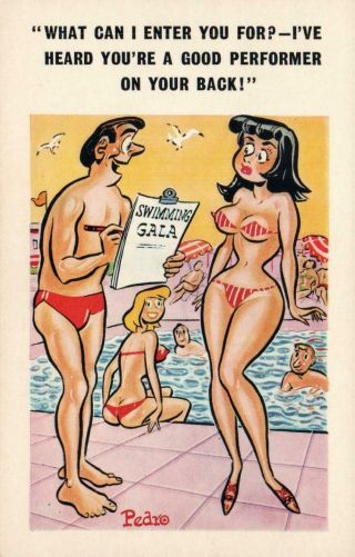 Rude Risque Comic Lady Big Boobs In Tiny Bikini Postcard - -