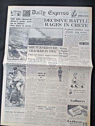 Uk Ww2 Newspaper May 31 1941 Bismarck Sinks Battle Crete Baghdad Daily Express