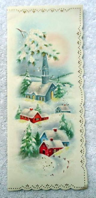Vintage Mid Century Christmas Card Glitter Church Houses Trees Snow B3j