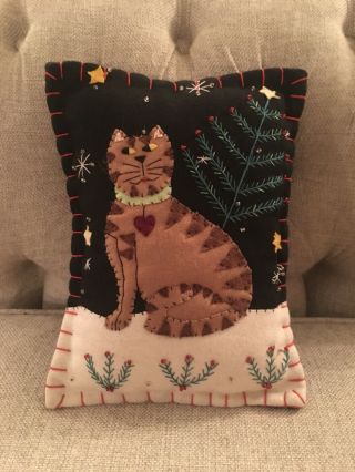 Vintage Handmade Felt Beaded Christmas Cat Pillow