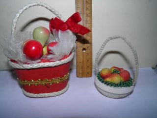 2 Vintage Christmas Ornaments - Spun Cotton,  Chenille & Feather Fruit Baskets