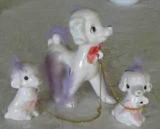 Ceramic White Purple Poodles Dog Family On Chain 1960s