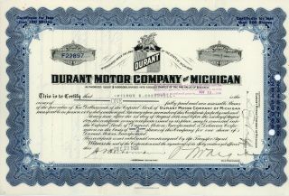 Durant Motor Company Of Michigan Stock Certificate