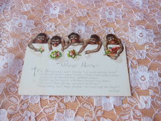 Victorian Christmas Card/cut - Out Black Figures Bending Over Wall/hagelberg