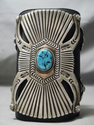 Detailed Towering Vintage Navajo Blue Turquoise Sterling Silver Ketoh Bracelet
