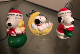 Snoopy Peanuts Charlie Brown Ceramic Christmas Ornament Figure 1980 Set Of 3
