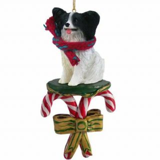 Papillon Black White Dog Candy Cane Christmas Tree Ornament