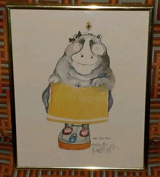 Don Nedobeck Happy Hippy Hippo Watercolor Signed And Framed.  8 " ×10 ".