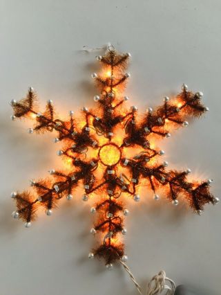 Vintage Christmas Window Wall Decor Lighted 13” Snowflake Gold Tinsel & Pearls