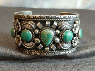 Vtg Signed Rose Castillo Navajo Sterling Silver Royston Turquoise Cuff Bracelet