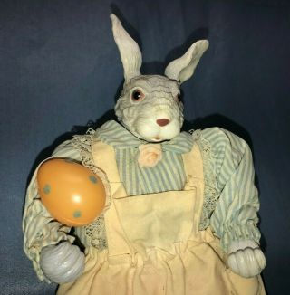 Vtg Gray Easter Rabbit Bunny Girl Doll Figurine Decor Apron Dress Spotted Egg 2