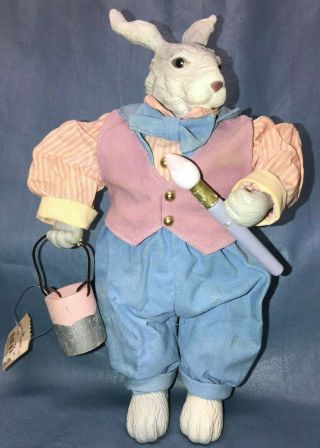 Vtg Gray Easter Rabbit Bunny Boy Doll Figurine Decoration Vest Paint Brush Pail