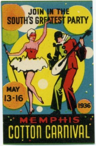 Cotton Carnival Memphis Brilliant Old Art Deco Poster Stamp,  1936