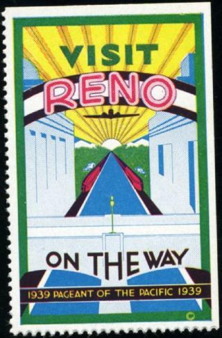 Visit Reno Nevada - Great Old Art Deco Advertising Poster Stamp,  1939
