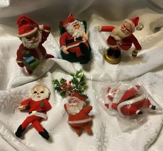 6 Vintage Christmas Santa Ornaments,  Made In Japan Chenille,  Felt,  Pipecleaners