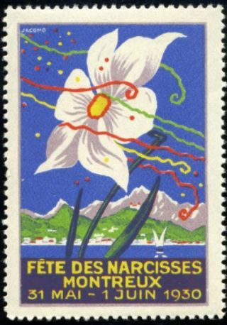 Fete Des Narcisses Montreux Switzerland Gorgeous Old Poster Stamp,  1930