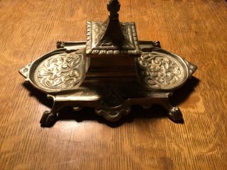 Vintage Brass Japanese Temple Desgn Inkwell And Fountain Pen Holder