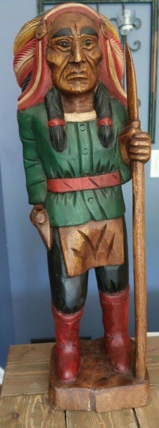 Vintage Native American Hand Carved Wood Indian Chief Cigar Store Display Statue