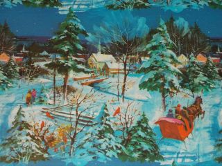 Vtg Christmas Wrapping Paper Gift Wrap 1960 Sleighride Church Winter Nos