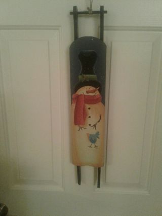 23.  5 " Handmade Hanging Sled With Painting Of Snowman And Bluebird