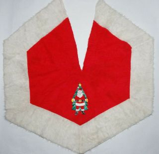 Vintage 1950s - 60s Fuzzy Red & White 36 " Christmas Tree Skirt W/ Santa Claus