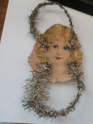 Antique Tinsel Wrapped Christmas Ornament Victorian Girl Die Cut Card
