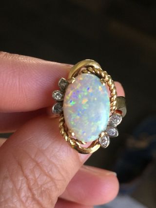 14k Yg Vintage Large Natural Australian Opal Diamond Ring Sz6.  75 5.  6g