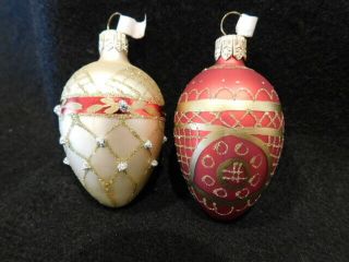 2 Faberge Inspired Mini Red & Cream Decorated Eggs Polish Christmas Ornament