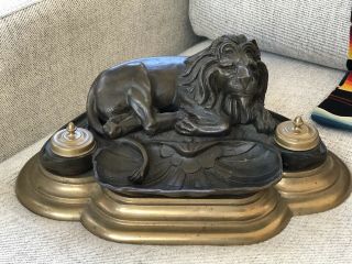 Antique European Bronze And Brass Figural Lion Statue Inkwell / Encrier