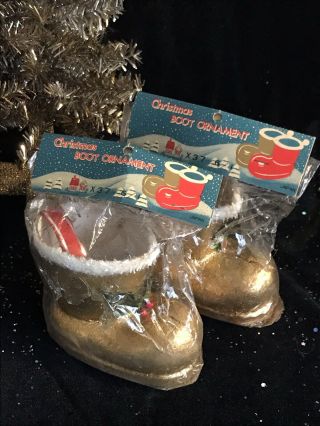 2 Vintage Gold Paper Mache Santa Claus Boot Candy Cane Pine Holly Holder Nos